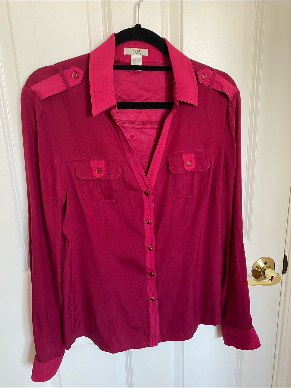 Vintage Cache Silk Magenta Dark Pink Women's Blouse with Snap Buttons Size L